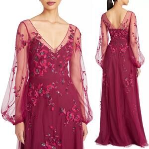 Theia Adora Beaded Sheer Sleeve Gown Fig Burgundy Red Size 4 NWT‎